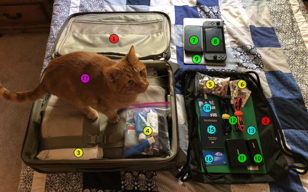 A suitcase and its contents laid out on the bed. Every item is labeled with a number that corresponds to the numbered headings in this document. A cat is standing on the suitcase.