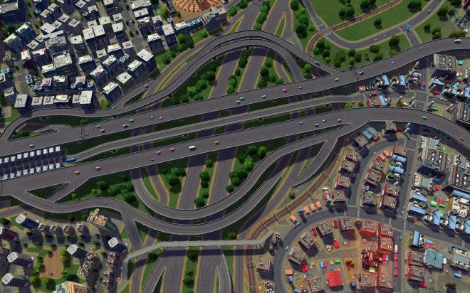 A 4-way turbine road interchange in Cities: Skylines.