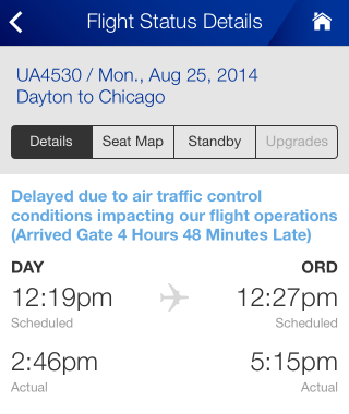 The United Airlines app, showing a 25 August flight from DAY to ORD. Departure was scheduled for 12:19 EDT and actually at 14:46 EDT; arrival was scheduled for 12:27 CDT and actually at 17:15 CDT.