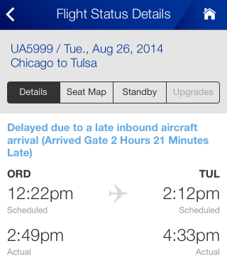The United Airlines app, showing a 26 August flight from ORD to TUL. Departure was scheduled for 12:22 CDT and actually at 14:49 CDT; arrival was scheduled for 14:12 CDT and actually at 16:33 CDT.