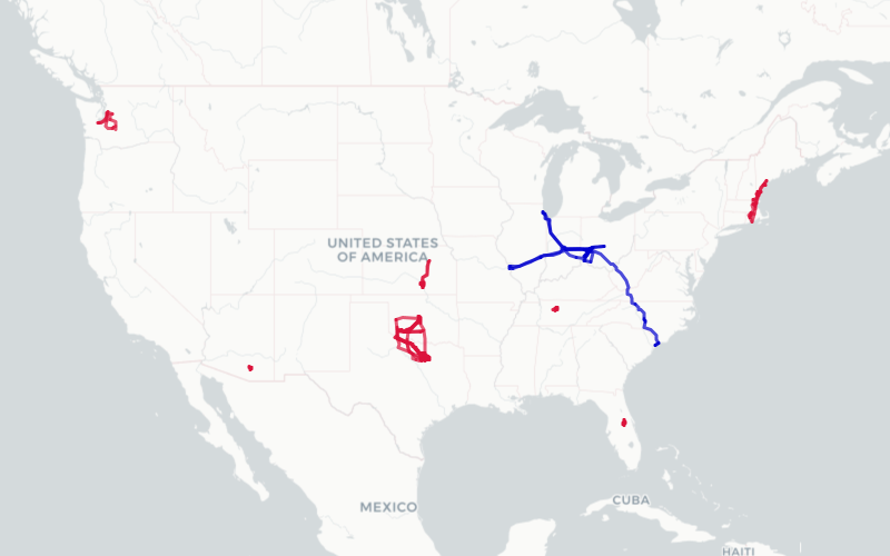 US map showing driving tracks.