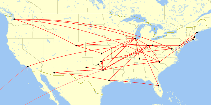 A map of all my flights in the US in 2018.
