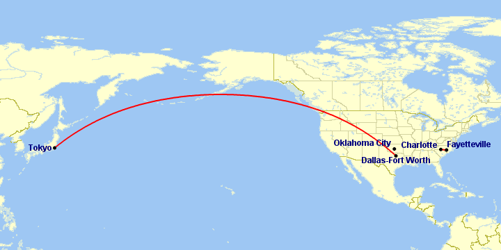 A map showing a route between Dallas/Fort Worth and Tokyo, a route between Charlotte and Fayetteville, and a marker for Oklahoma City.