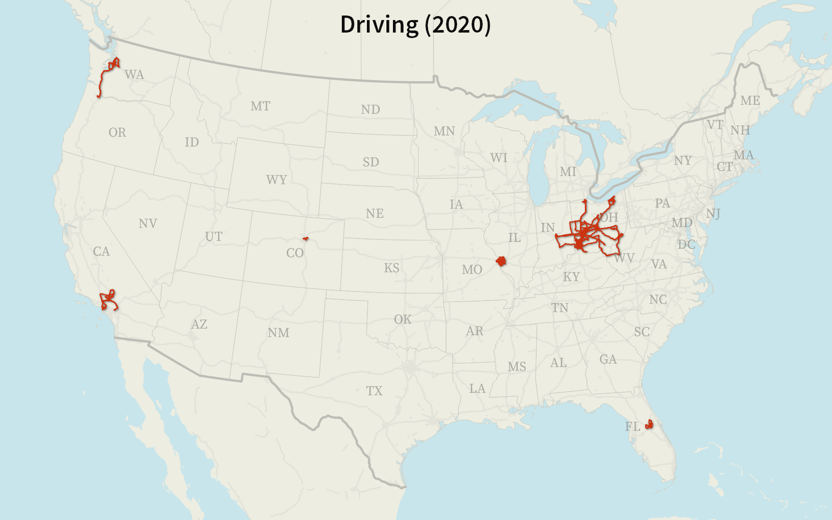 A map of the United States with driving tracks. A large cluster of tracks covers Ohio, Indiana, West Virginia, and northern Kentucky. There are also smaller driving tracks in Orlando, Los Angeles, St. Louis, Denver, and a track from Seattle to Portland.