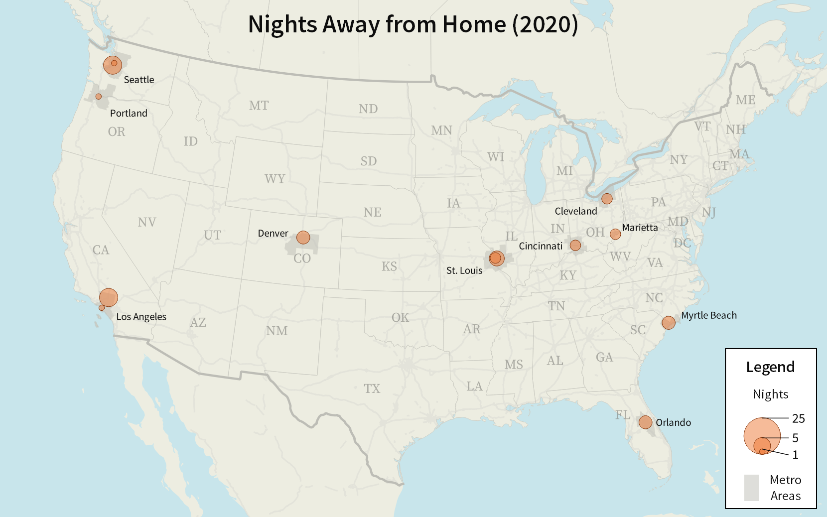 A map of the United States with circles showing how many nights I spent in various locations. The three largest circles are Seattle, the Mojave desert near Los Angeles, and St. Louis.