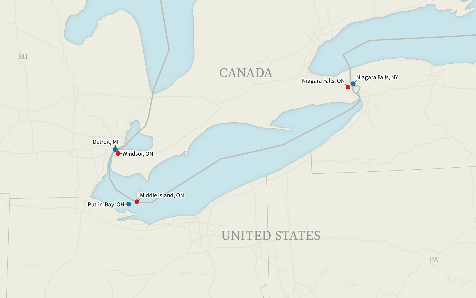 A map of the United States and Canada around Lake Erie and western Lake Ontario. Detroit, MI is paired with Windsor, ON. Put-in-Bay, OH is paired with Middle Island, ON. Niagara Falls, NY is paired with Niagara Falls, ON.