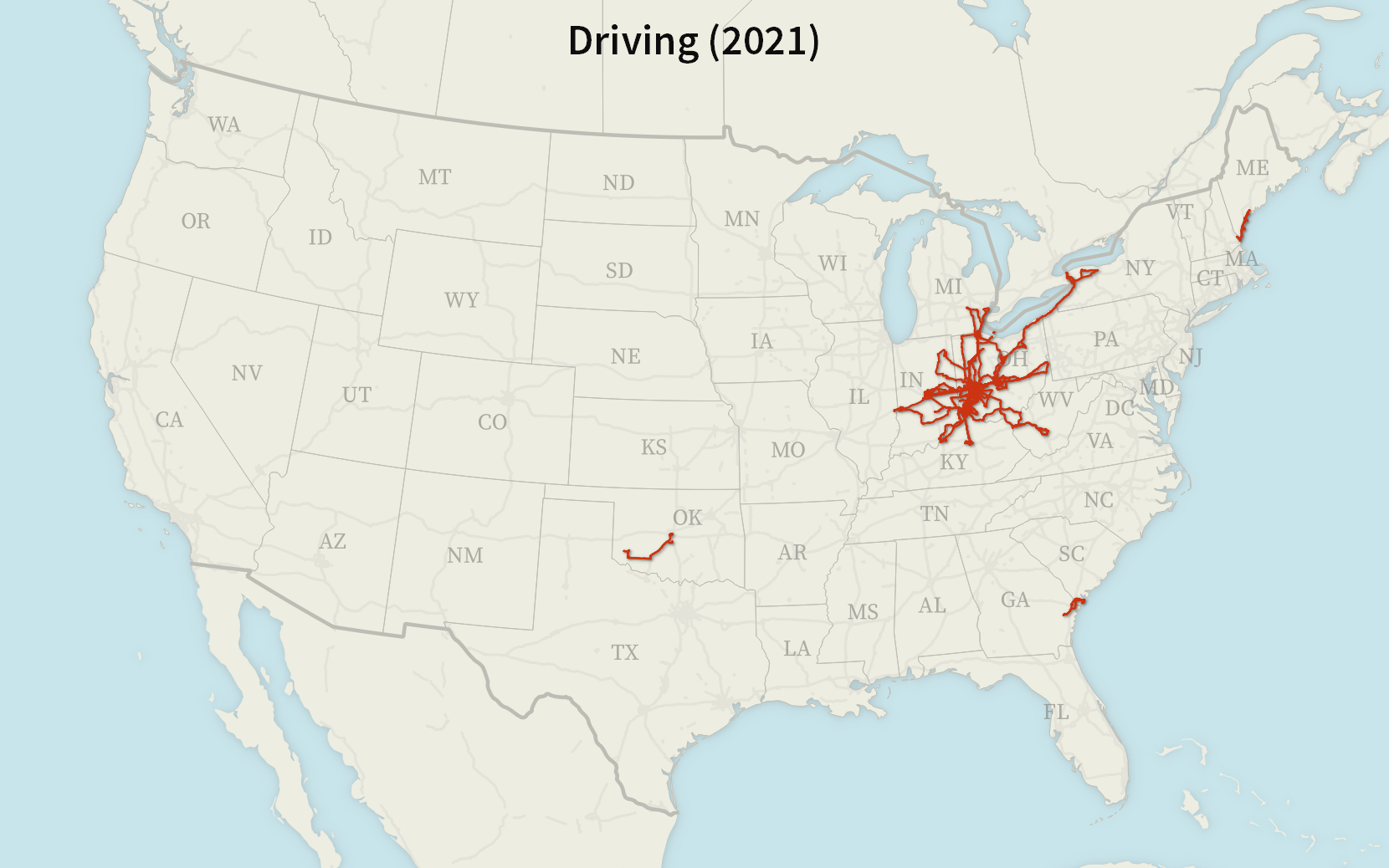 A map of the United States with driving tracks. Most tracks are in the states adjacent to Ohio, with a few small tracks within Oklahoma, between Georgia and South Carolina, and between Maine and New Hampshire.
