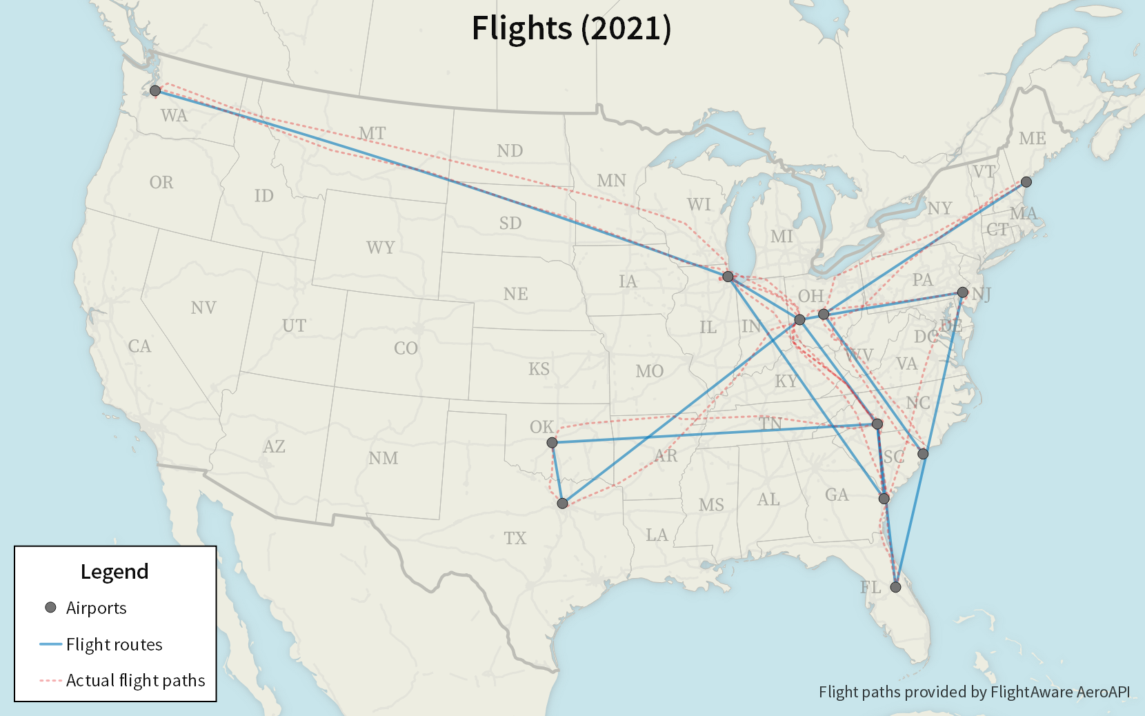 A map of all my flights in 2021.