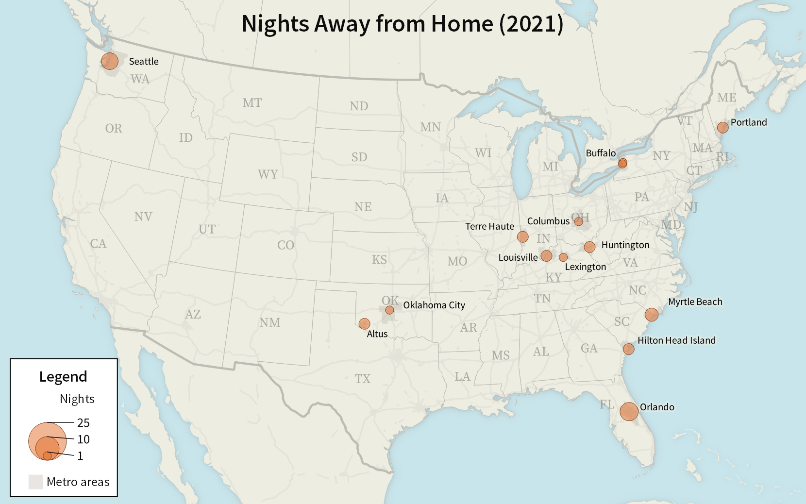 A map of the United States with circles showing how many nights I spent in various locations. The largest circles are Orlando and Seattle.