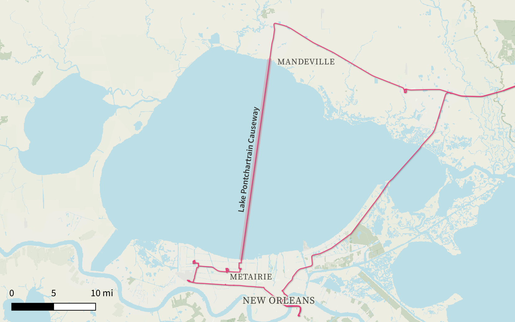 A map of Lake Pontchartrain, Louisiana, showing a driving track across the Lake Pontchartrain Causeway.