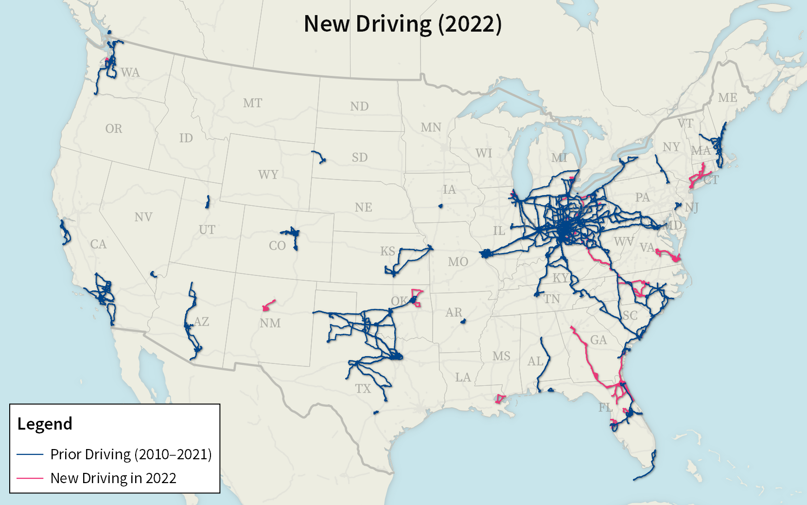 A map of the United States with driving tracks, with tracks that were new in 2022 highlighted.
