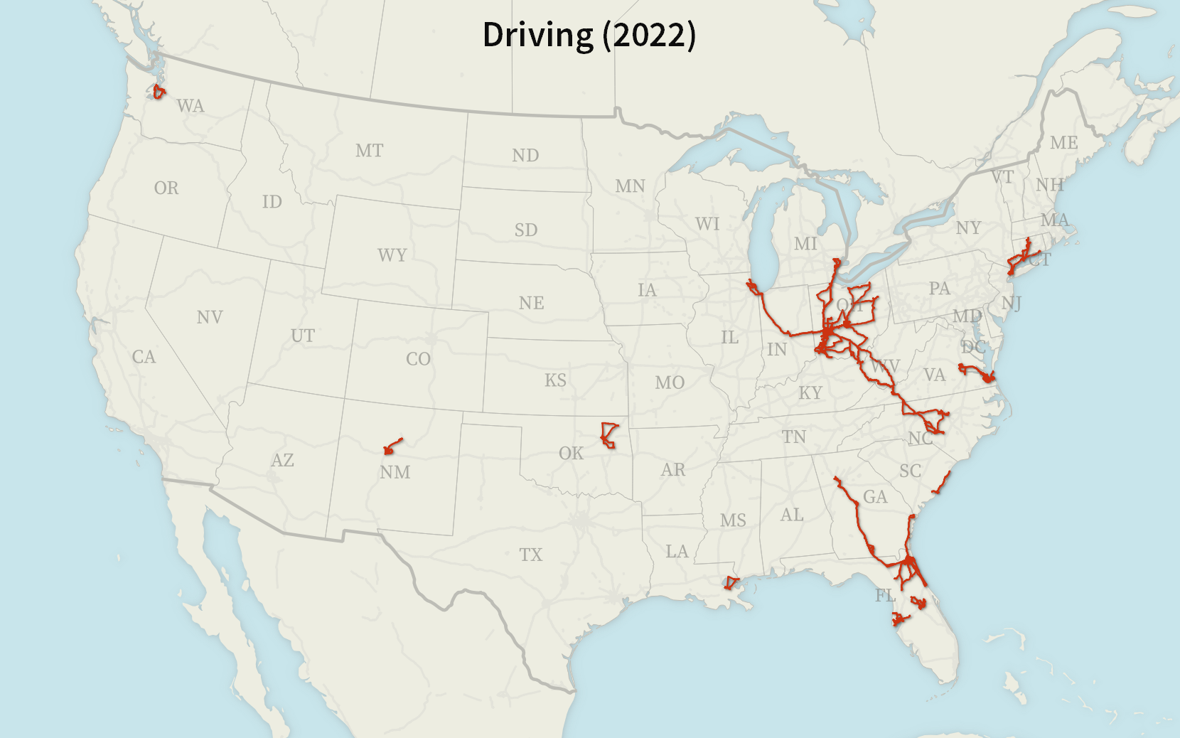 A map of the United States with driving tracks. There is a large cluster of tracks between Chicago, Detroit, and Raleigh; a large cluster of tracks between Atlanta, Savannah, and Jacksonville; and a few other small tracks scattered across the United States.