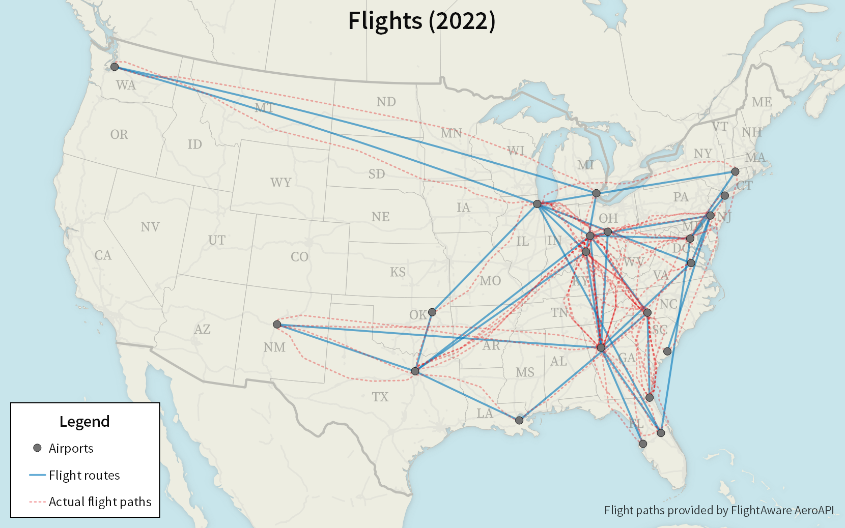 A map of all my flights in 2022.