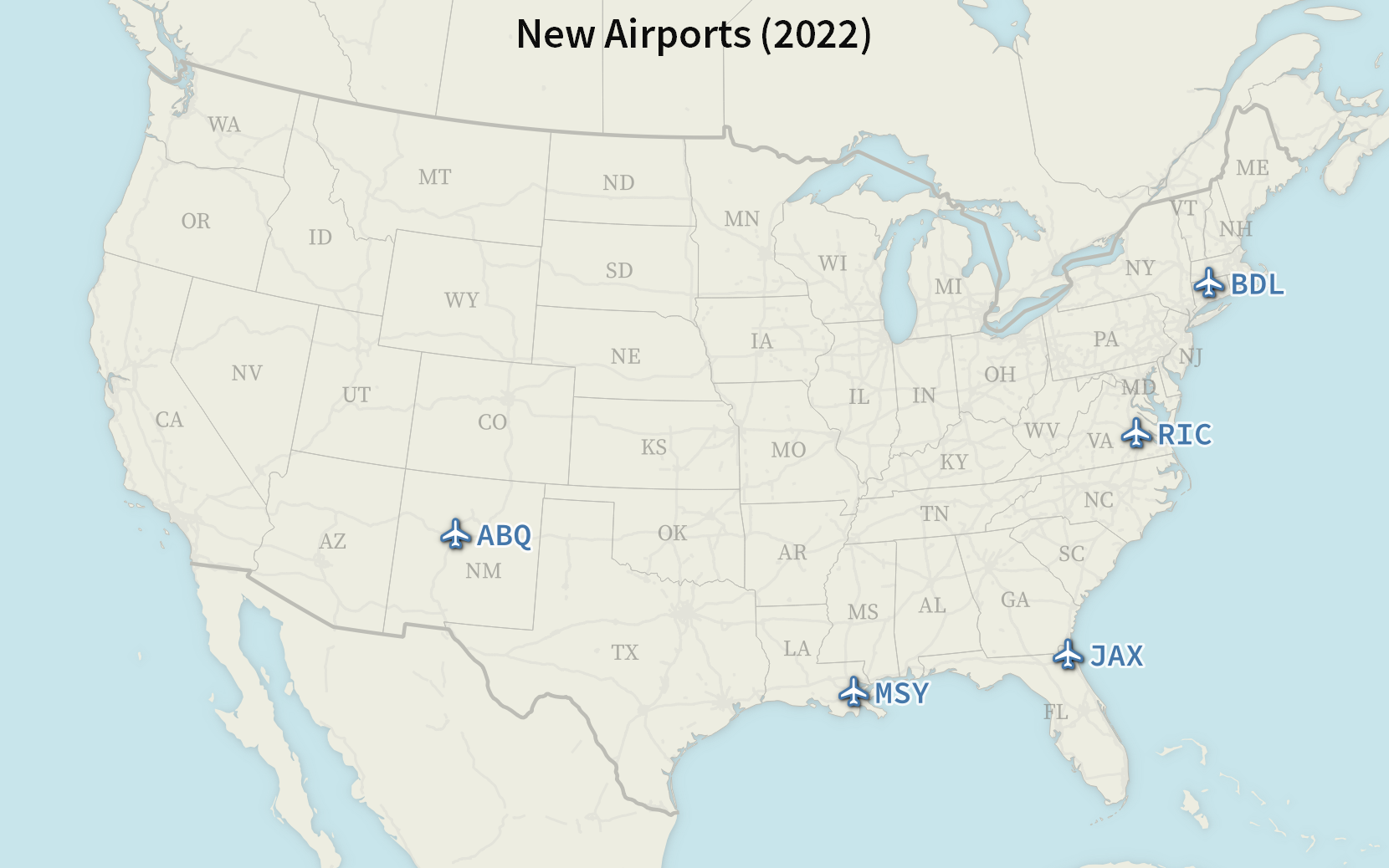 A map of the contiguous United States, with airport icons for JAX, ABQ, BDL, MSY, and RIC.