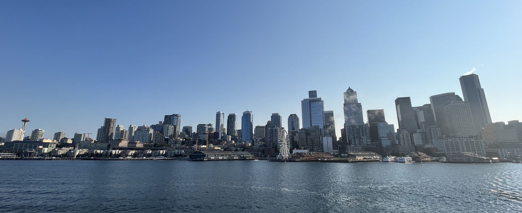 A view of Seattle’s skyline from a ferry on Puget Sound