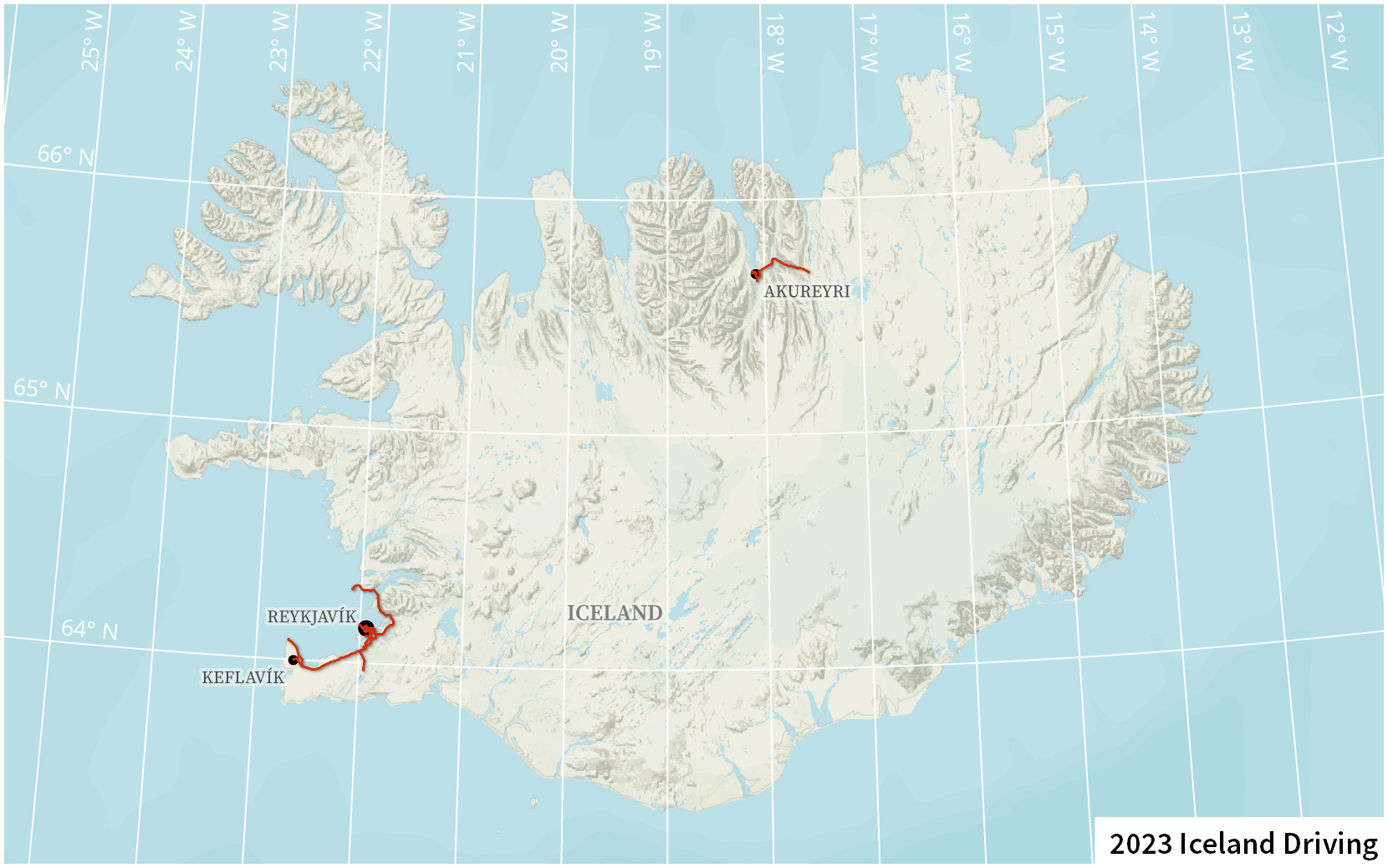 A map of Iceland, showing driving in the southwest near Reykjavík and Keflavík, and in the north near Akureyri.