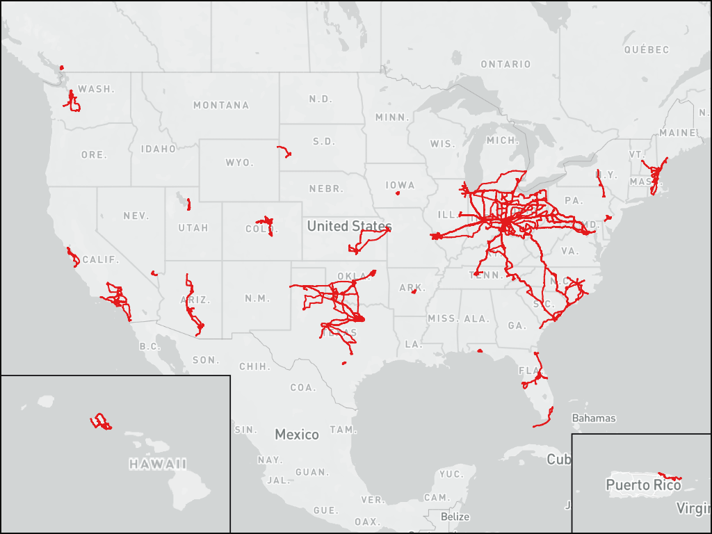 Map showing my 2010-2019 driving routes in the United States and Canada.
