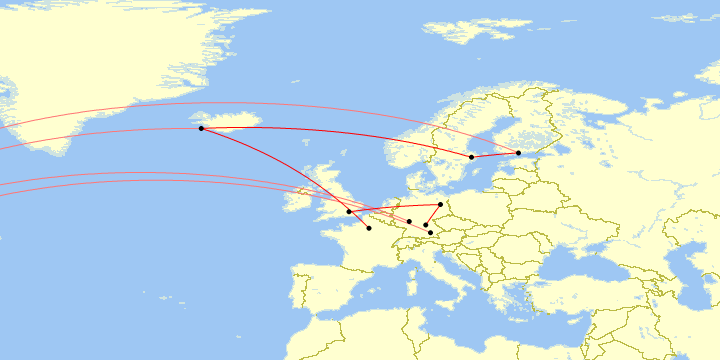 A map of all my Europe flights during the 2010s decade.