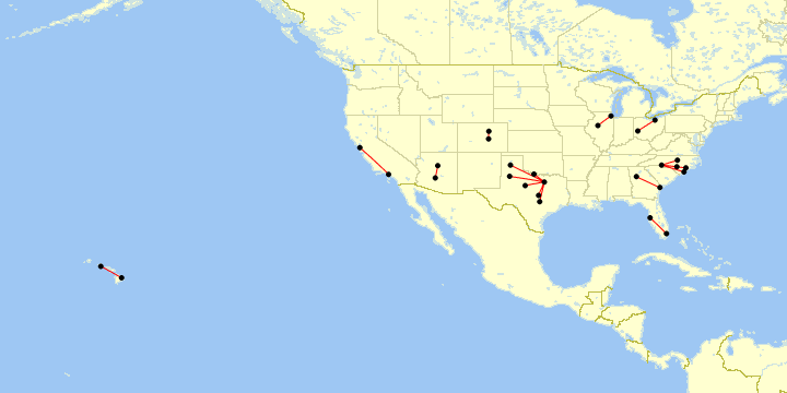 A map of all my flights within a single state during the 2010s decade.