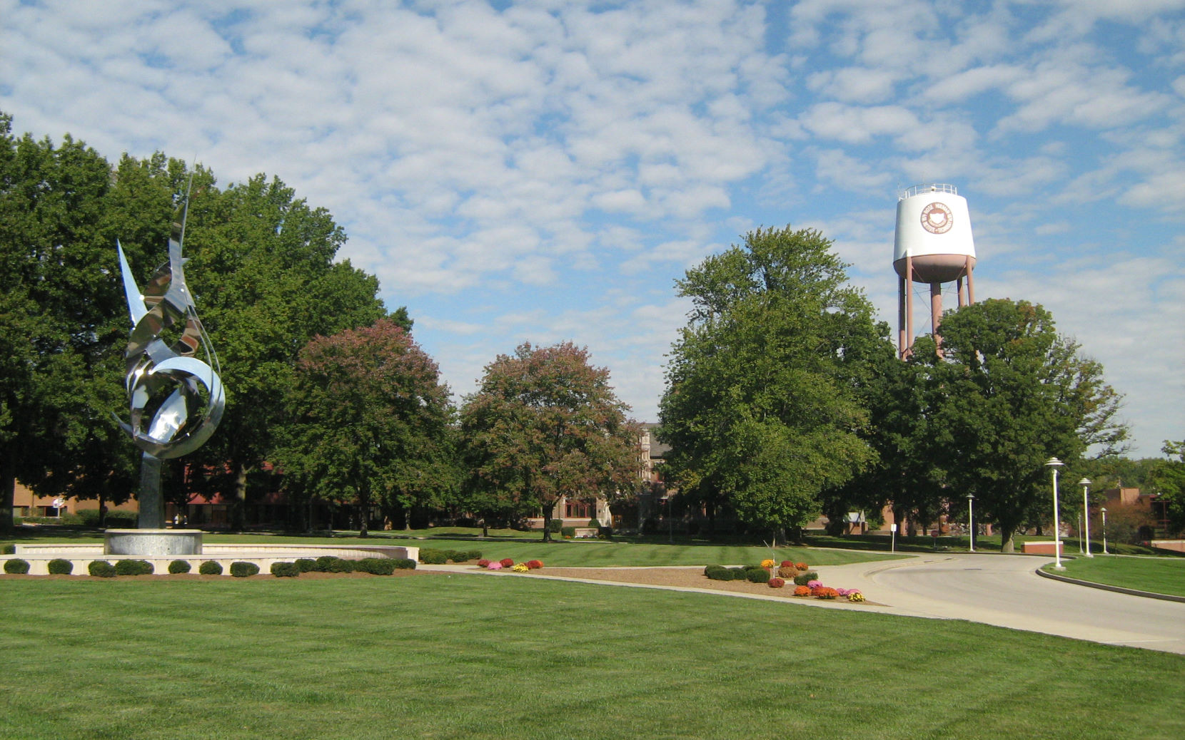 Water tower and sculpture on RHIT campus.