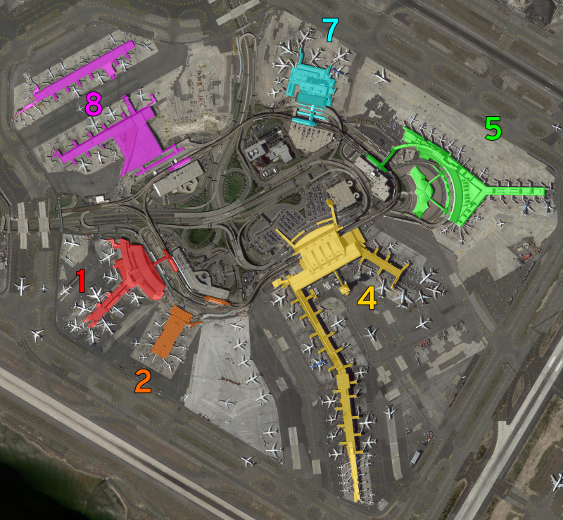 Terminal silhouette overlaid on Google Earth imagery, with terminals color coded and labeled as 1, 2, 4, 5, 7, and 8.