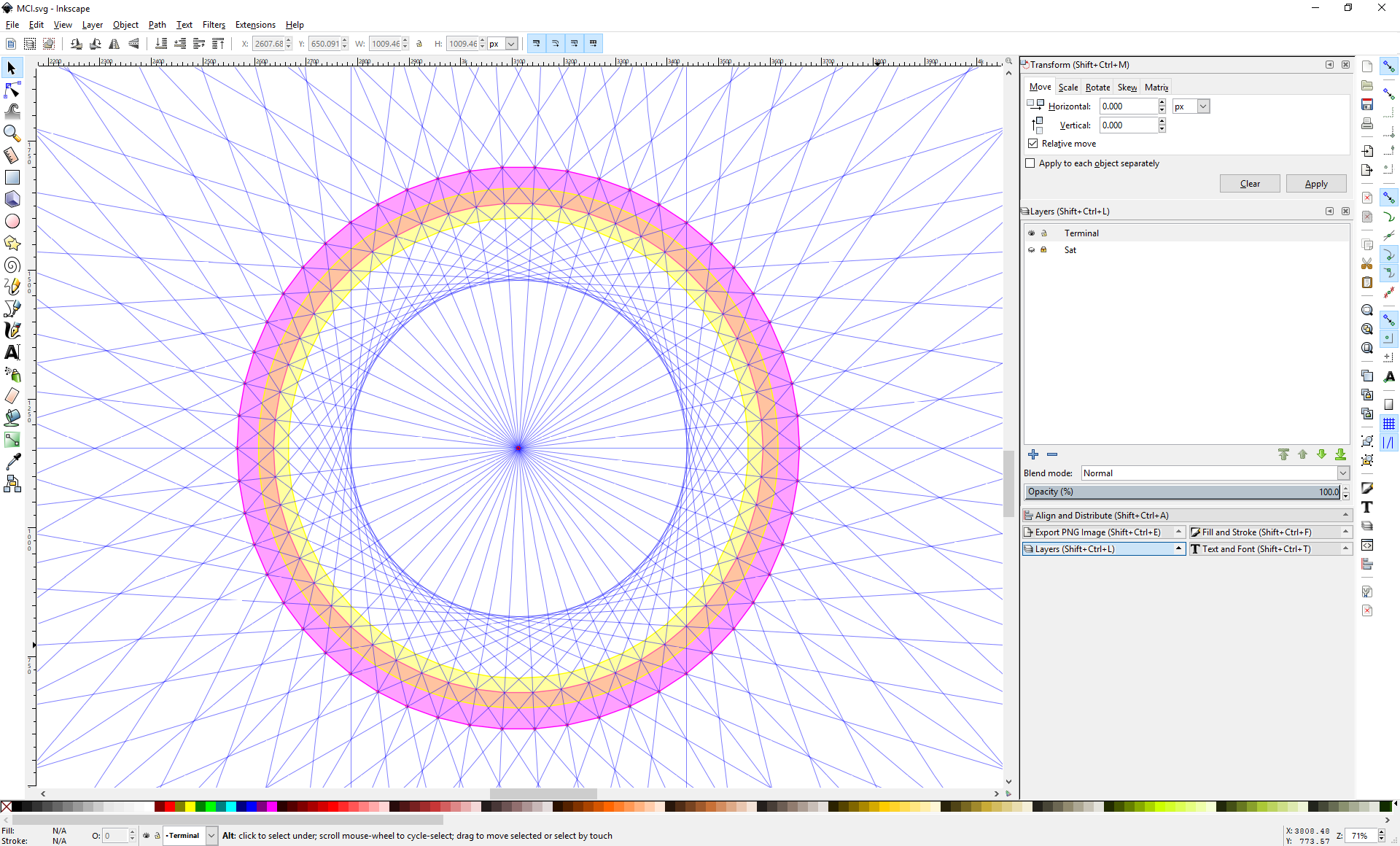 Screenshot of Inkscape showing a 54-sided polygon with another 54-sided polygon cut out of it, and drawing guides overlapping it.