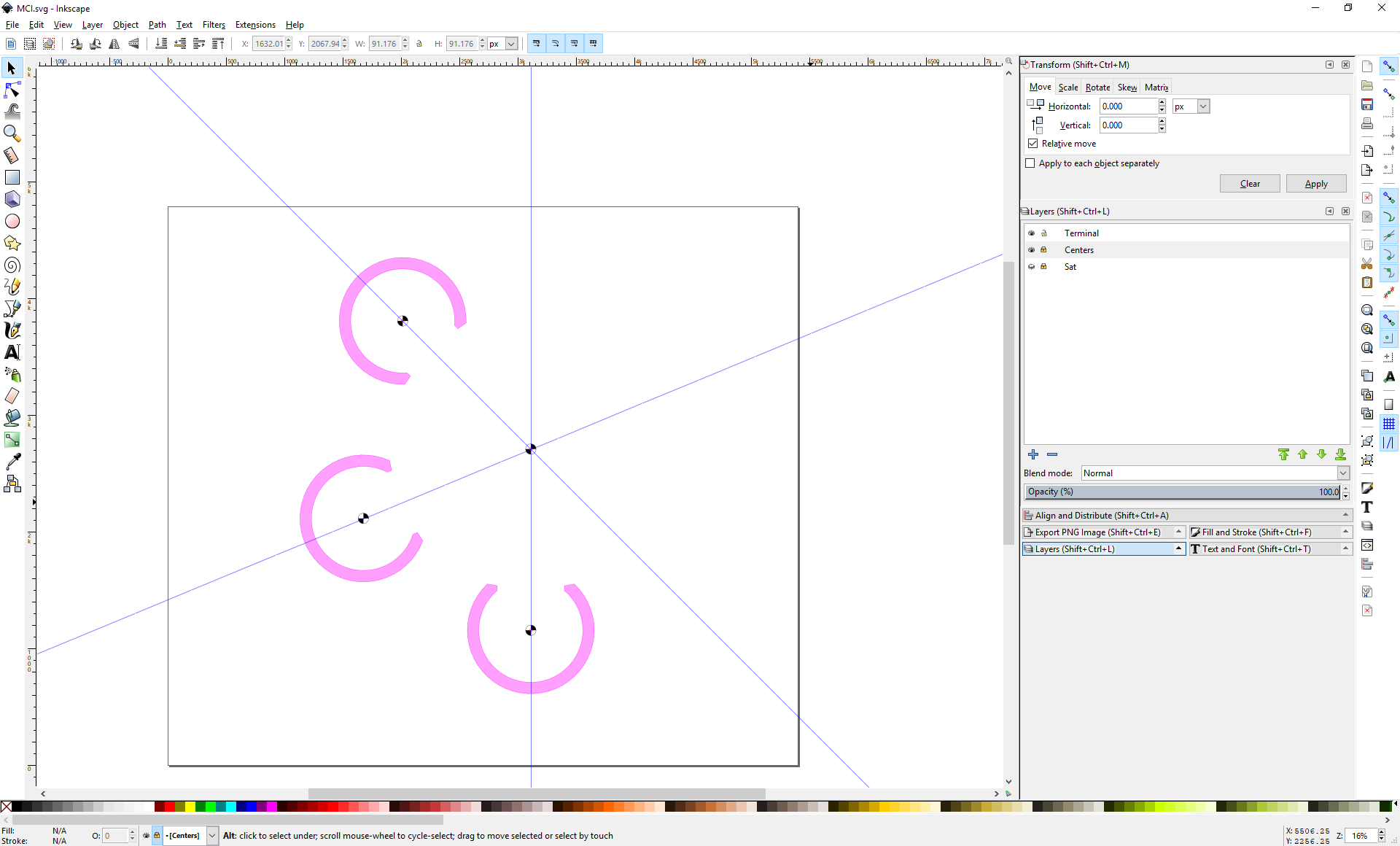 Screenshot of Inkscape showing three terminals arranged around a center point.