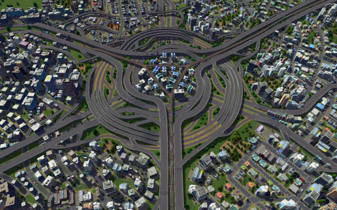 A 6-way turbine road interchange in Cities: Skylines.
