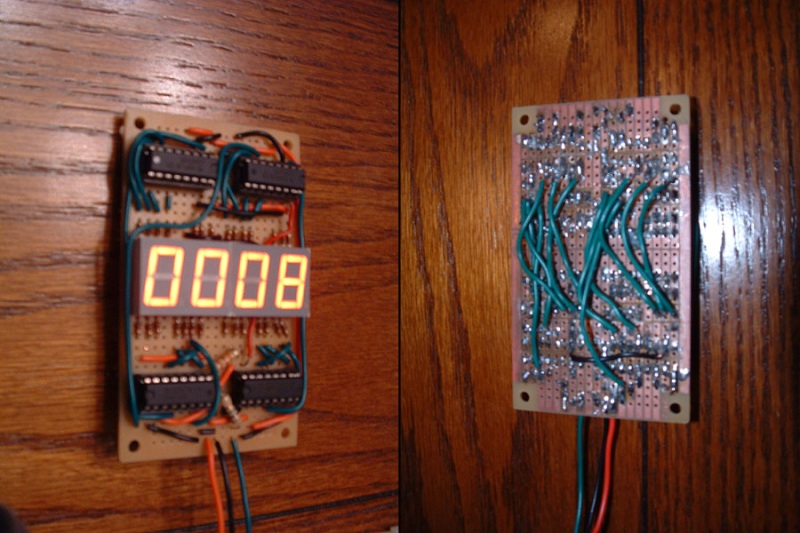 The front and back of a stripboard with four seven-segment displays and a number of other electronic components soldered to it.