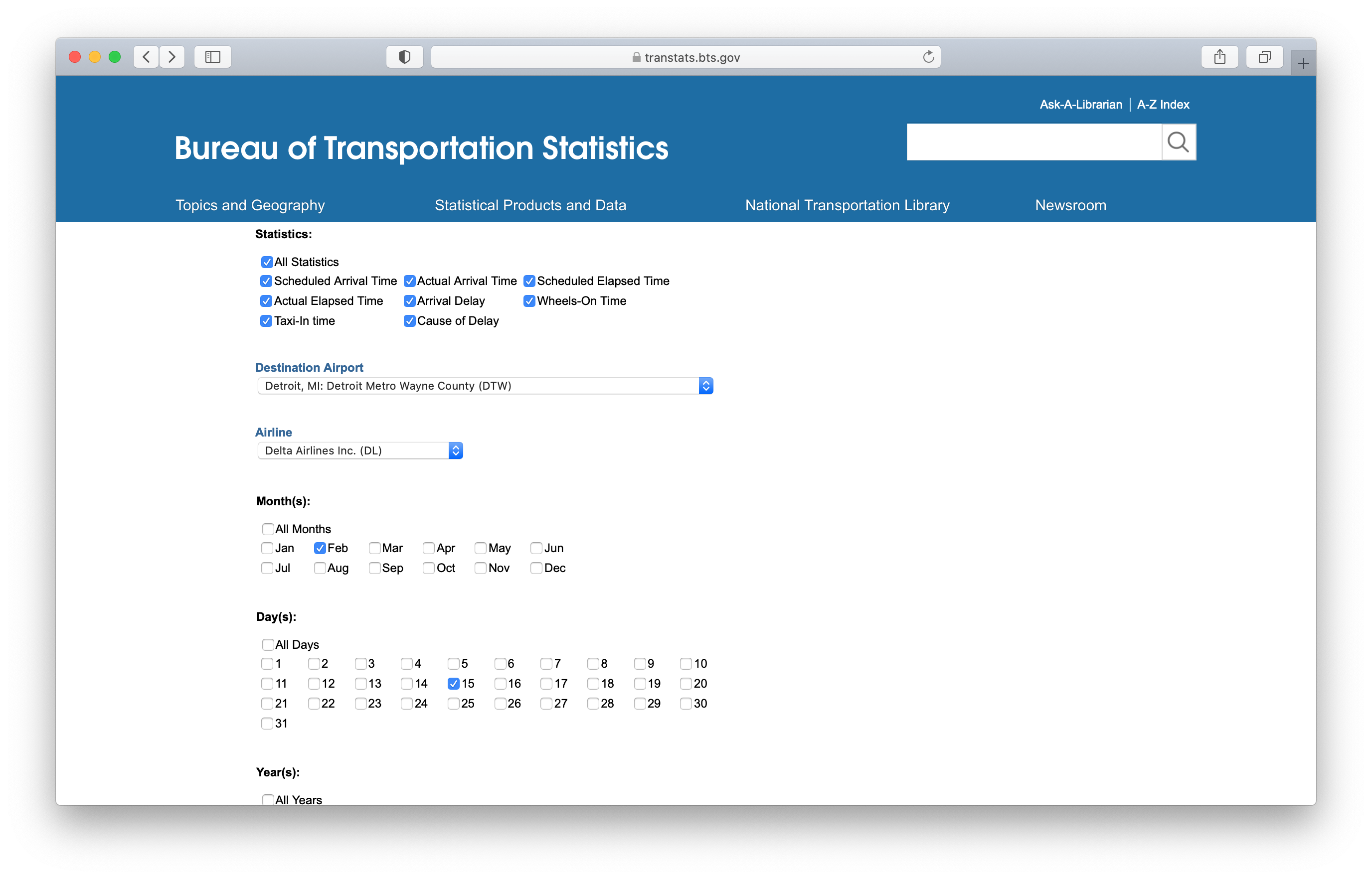 Detailed arrivals statistics search form on the BTS website.