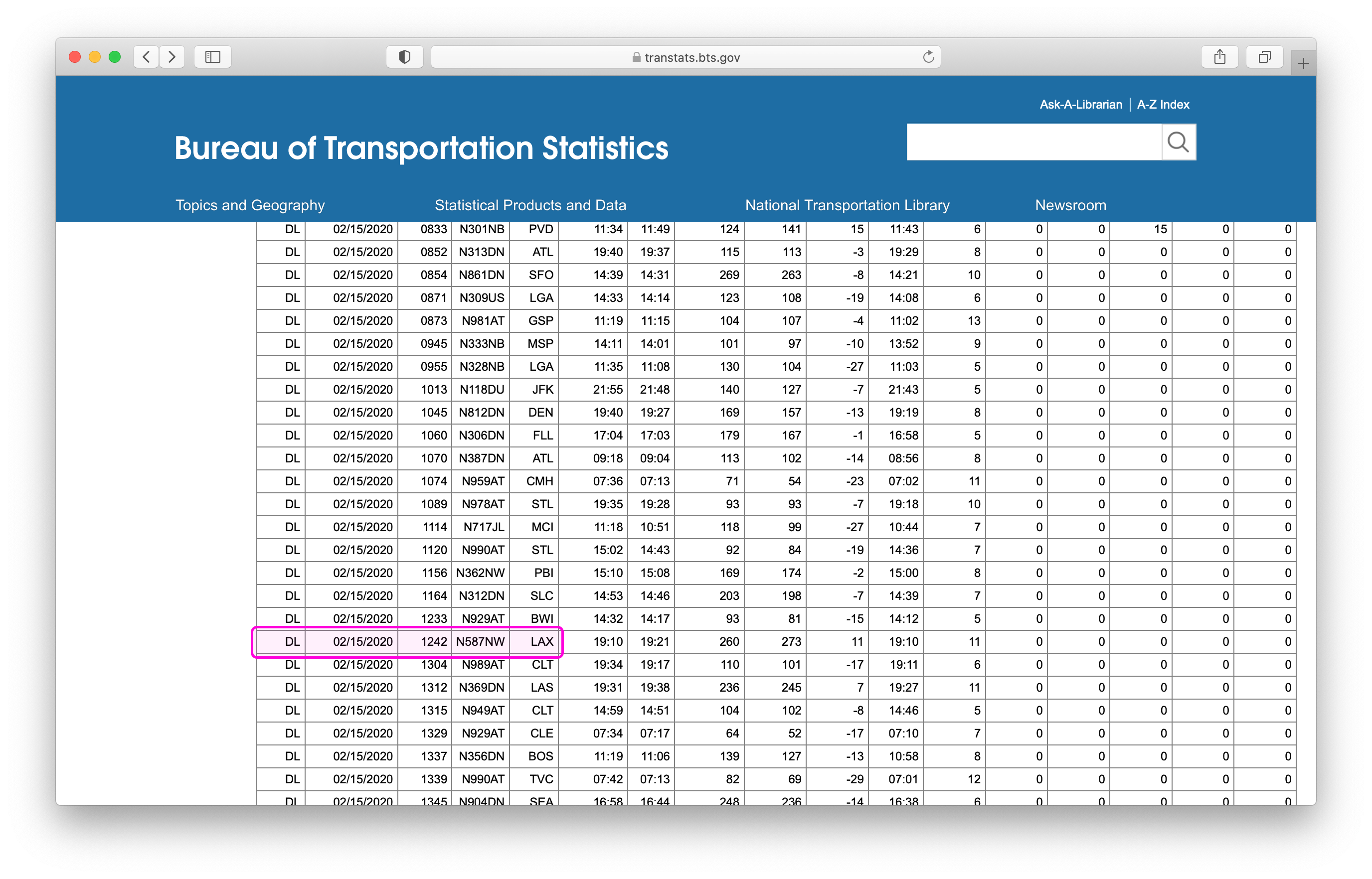 Detailed arrivals statistics search results. A row showing flight DL1242 on 15 February 2020 from LAX with tail number N587NW is highlighted in magenta.