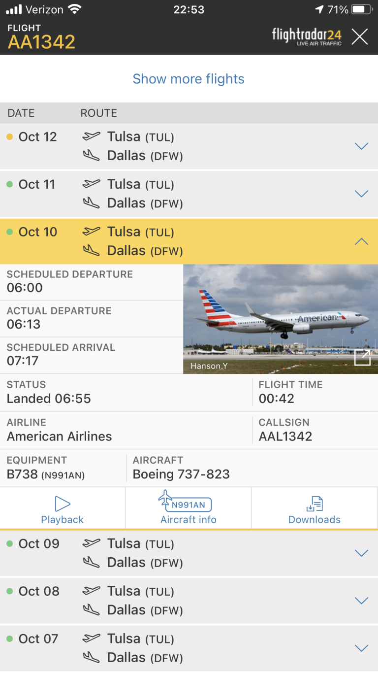 Flightradar24 app search results for AA1342.