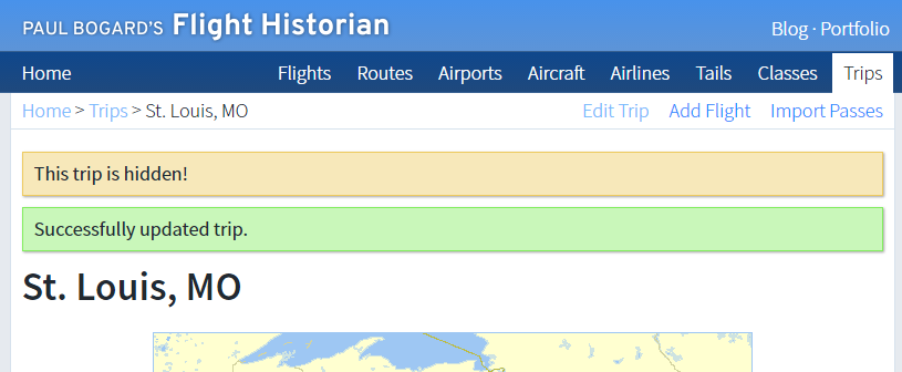 Top the same Flight Historian show trip page, with two consistently formatted messages. One reads 'This trip is hidden' and the other reads 'Successfully updated trip.'