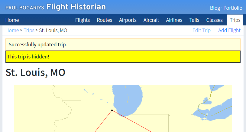 Top of a Flight Historian show trip page, with two inconsistently formatted messages. One reads 'Successfully updated trip' and the other reads 'This trip is hidden.'