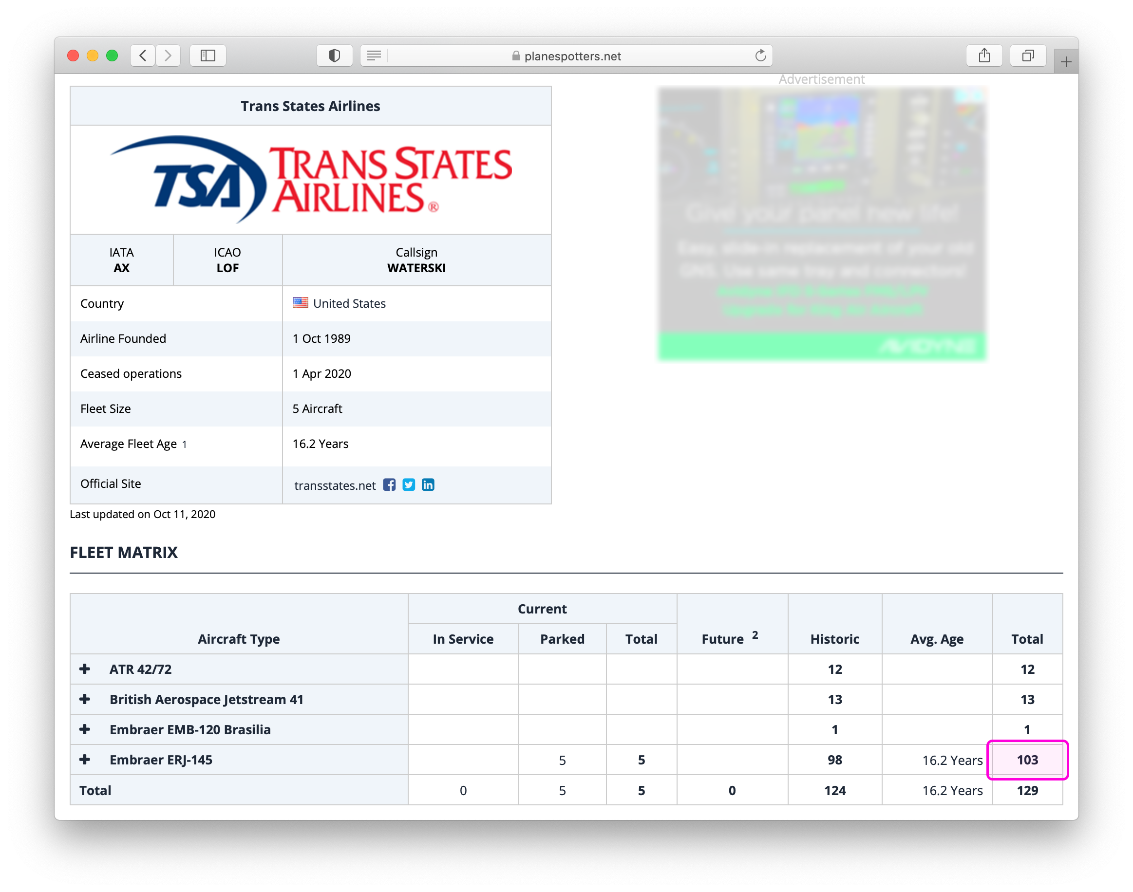 Planespotters.net fleet details page for Trans States Airlines. The cell at the intersection of the Embraer ERJ-145 row and the Total column is highlighted in magenta.