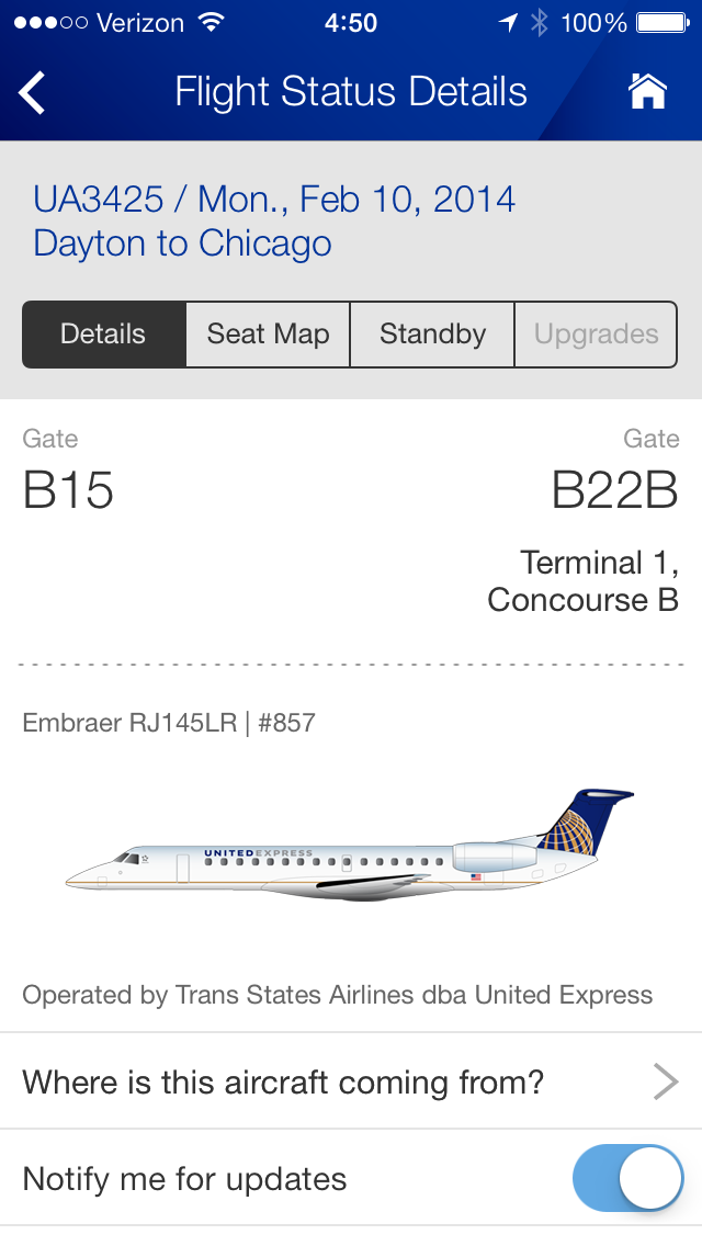 United iOS app flight status details screen.