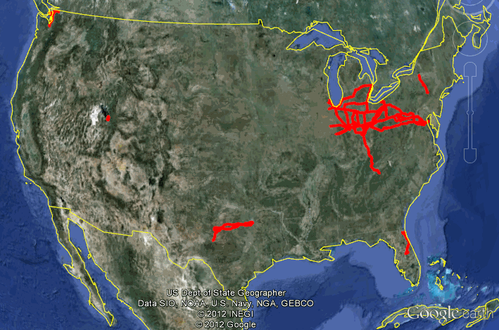 Google Earth showing driving tracks within the United States.