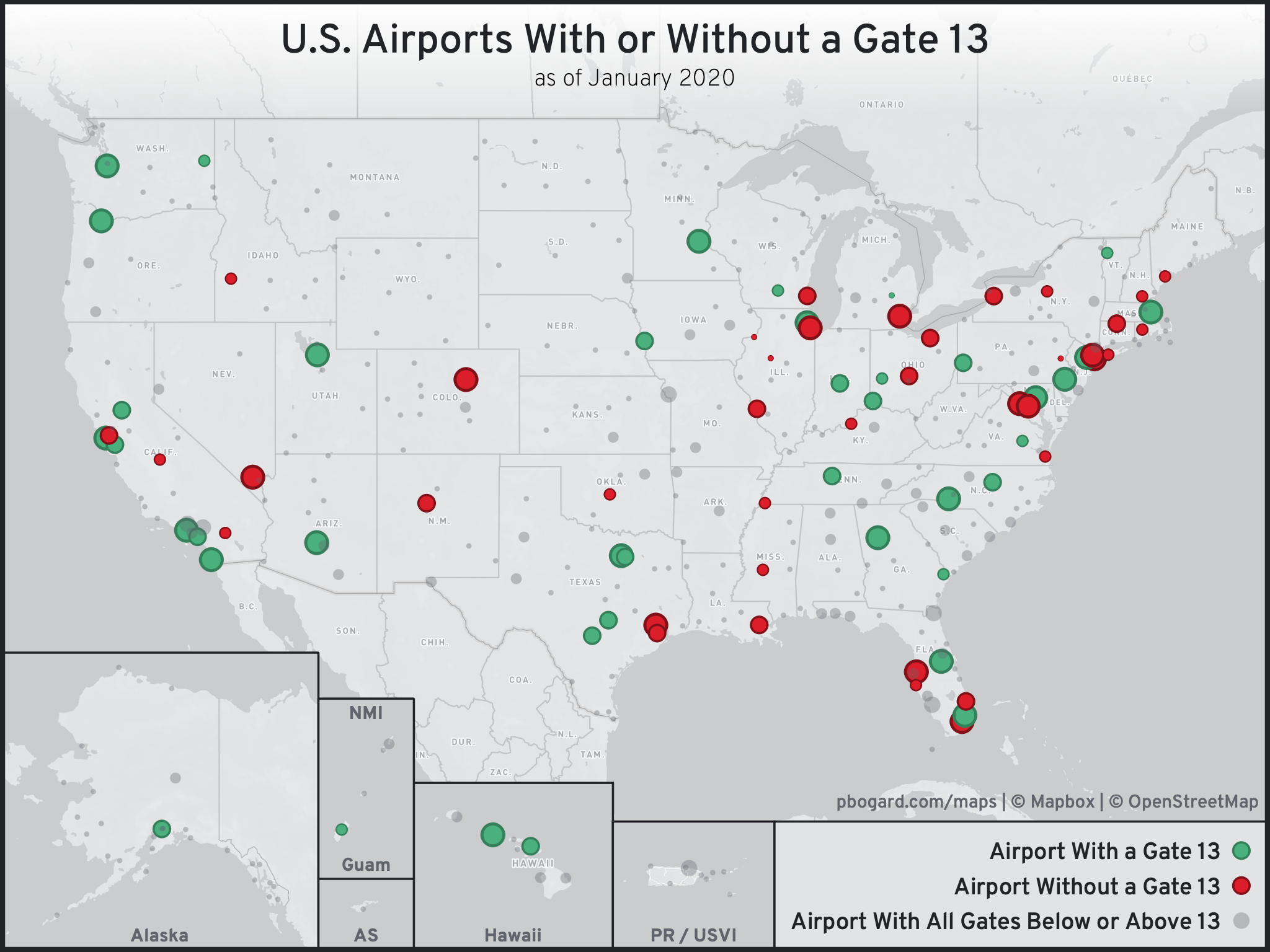Map of the United states. Airports with a gate 13 are plotted as green dots. Airports without a gate 13 are plotted as red dots. Airports with all gates below or above 13 are plotted as gray dots.