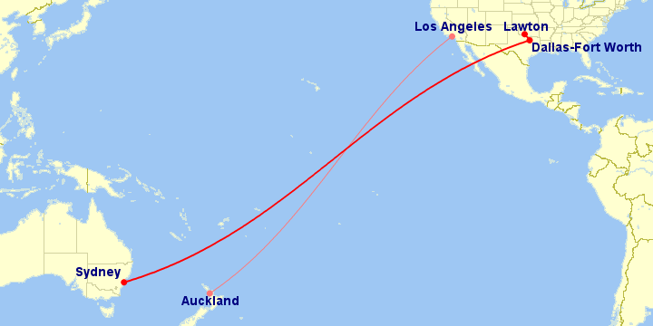 A map of flights from DFW to SYD, AKL to LAX, and DFW to LAW.