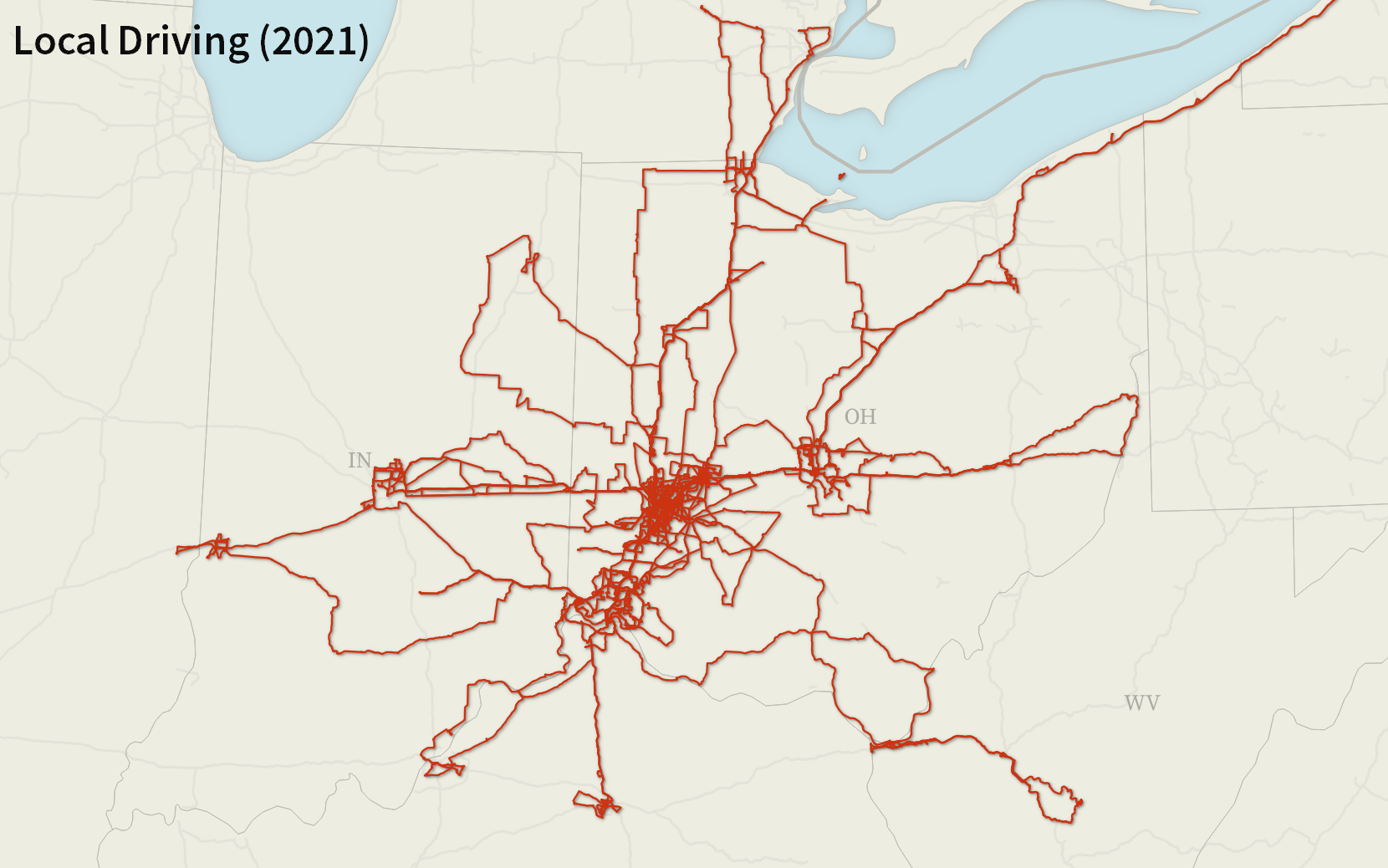 A map of Ohio and neighboring states with driving tracks.