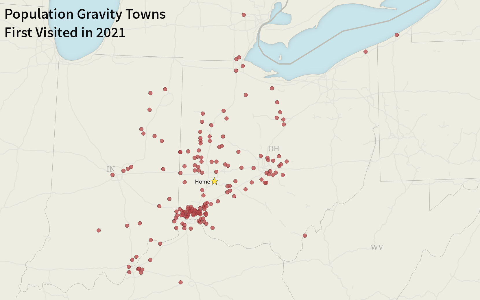 A map of Ohio and neighboring states, with 175 towns highlighted. Most are in western Ohio and eastern Indiana.