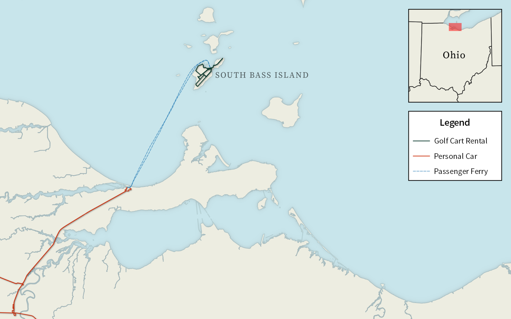 A map of southwestern Lake Erie with driving tracks on South Bass Island (Put-in-Bay, Ohio).