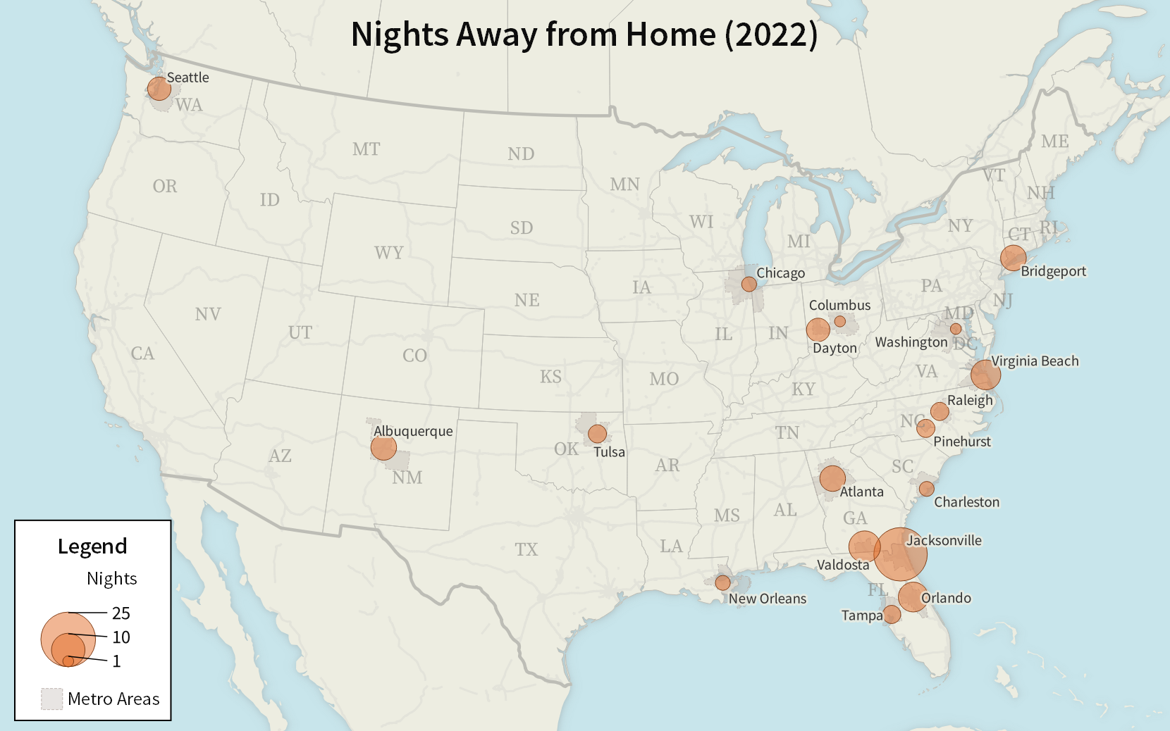 A map of the United States with circles showing how many nights I spent in various metro areas. The largest circles are Jacksonville, Florida; Valdosta, Georgia; Orlando, Florida; and Virginia Beach, Virginia.