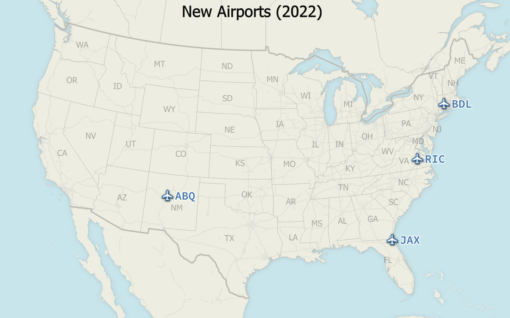 A map of the contiguous United States, with airport icons for JAX, ABQ, BDL, MSY, and RIC.